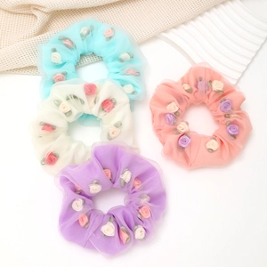 Zoete Roos Bloem Organza Haarelastiek Elegant Dubbellaags Gaas Haarelastiek Hoge Elasticiteit Bloemen Stof Haarring Voor Vrouwen Meisjes Accessoire