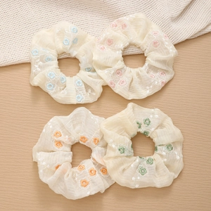 Sweet Floral Embroidered Fabric Scrunchies Large Elegant Hair Ties For Women Girls Korean Style Handmade Chiffon Hair Accessories