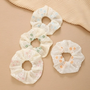 Floral chiffon hair scrunchies with delicate flower embroidery in four pastel colors