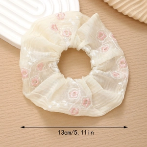 Elegant 13cm chiffon flower scrunchie with pink floral embroidery in cream color