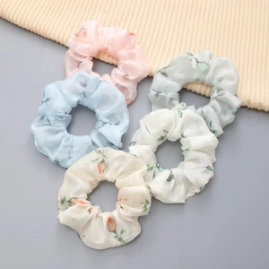 Lot de 5 chouchous en organza à fleurs en rose pastel, bleu, menthe, blanc et beige