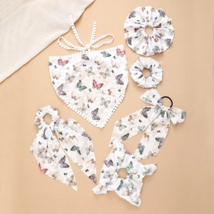 6-piece lace hair accessory set with butterfly print and matching triangle head scarf