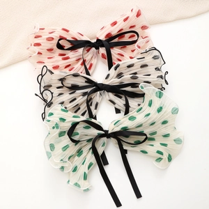 Three-piece set of polka dot chiffon bow hair clips with long black satin ribbons
