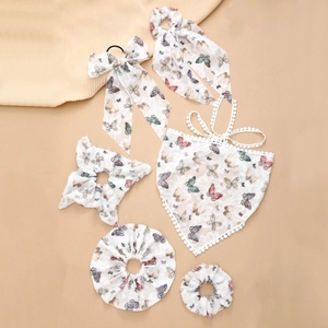 Set of butterfly print lace hair scrunchies and a triangular scarf with pom-pom trim