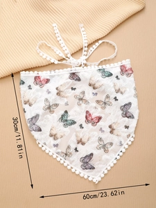 Lace butterfly bandana with white pompom trim, measuring 30cm by 60cm detailed view