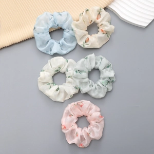 Lot de 5 chouchous en organza à fleurs avec imprimé tulipes aux couleurs pastel douces