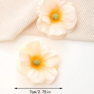 Detailed view of artificial silk flowers in soft apricot with 7cm diameter measurement