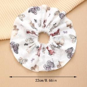 Large 22cm sheer white scrunchie with colorful butterfly prints and feathered edges