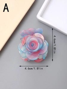 Detailed view of pink and blue gradient rose hair claw with size markings 4.6cm