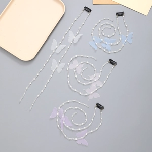 Elegant pearl bead hair chain with translucent butterflies and hair clip for styling