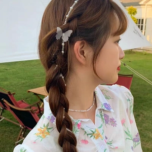 Lace hair ribbon with pearls and frosted butterfly clip for elegant outdoor styling