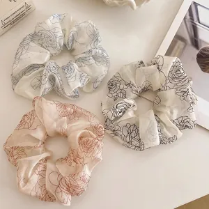Vintage Floral Camellia Print Scrunchies For Women Handmade Fabric Oversized Hair Ties Elastic Hair Bands Accessories