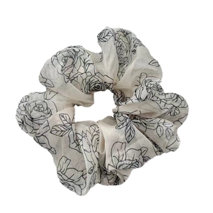 Retro cream scrunchie with black rose line art print in lightweight chiffon fabric