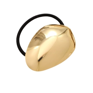 Minimalist geometric gold metal hair tie with high-gloss mirror finish and black elastic band