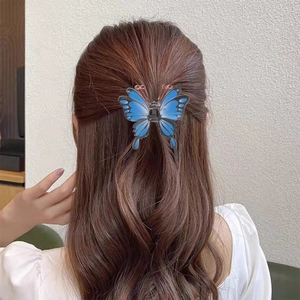Pince à cheveux papillon bleu dégradé pour femmes vue sur coiffure arrière tête
