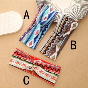 Three-piece set of Bohemian printed elastic knot yoga headbands for women in assorted patterns