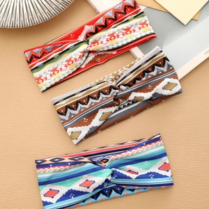 Bohemian wide elastic knotted yoga headbands with vibrant geometric and ethnic prints