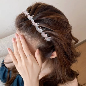 Korean style pink tweed headband with hair clips for elegant high skull top styling
