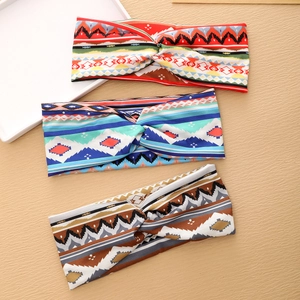 Bohemian Knotted Wide Headband Elastic Knit Geometric Print Yoga Sport Hair Band Vintage Boho Style Women Hair Accessories