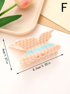 Detailed size view of floral bow hair claw clip measuring 8.5cm by 4cm in pink plaid