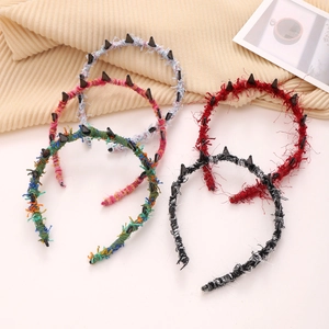 5-piece wavy punk headbands set with colorful frayed yarn wrap and edgy black spikes