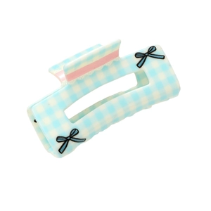 Floral plaid hair claw clip with blue checks and pink lace bow design for thick hair