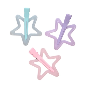 Three jelly-colored star duckbill hair clips in pastel pink, purple, and blue set