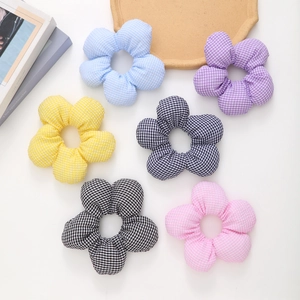 Floral gingham scrunchies set in six colors for women's stylish hair styling