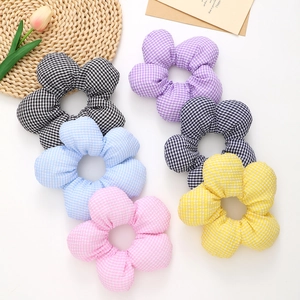 Korean Style Large 3D Gingham Flower Hair Scrunchie Oversized Checkered Floral Ponytail Holder Sweet Fabric Hair Band Women