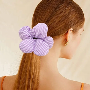 Stereo flower gingham hair scrunchie in purple and white for stylish ponytails