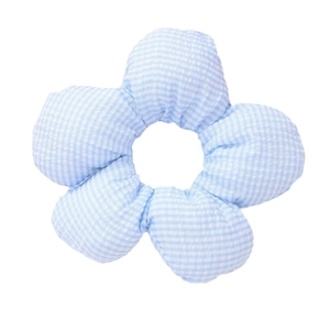 Blue and white gingham flower hair scrunchie with padded petals on white background
