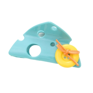 Blue cheese shaped hair claw clip with yellow button and orange suede strap for women