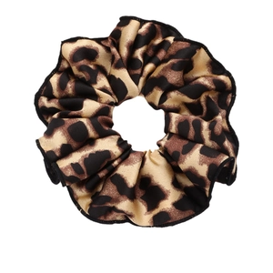 Satin leopard print scrunchie with elegant black edge and glossy finish for women