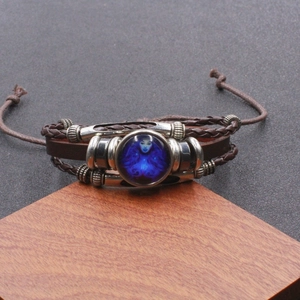 Lichtgevende Maagd sterrenbeeld leren armband met gevlochten touw en blauwe ster bedel