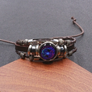 Macro-detail van handgemaakte lederen Vissen sterrenbeeld armband met glazen koepel