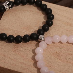 Magnetic attraction bead bracelet set for couples with onyx pink quartz and crown charms