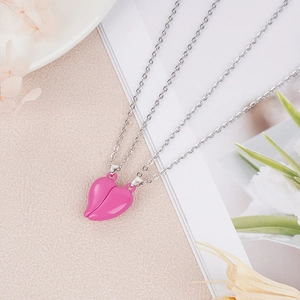 Magnetic heart pendant necklaces for couples with pink enamel and silver link chains