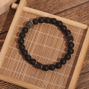 Men's fashion black matte beads bracelet with cubic lava stones and gold metal accents