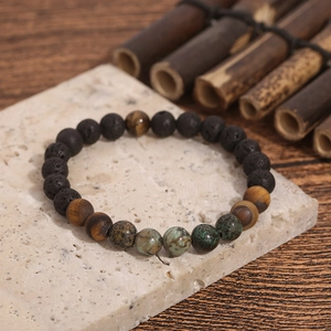 Handgemaakte Natuursteen Kralen Armband Afrikaanse Steen Tijgeroog Vulkanisch Lavagesteen Elastische Retro Steen Sieraden