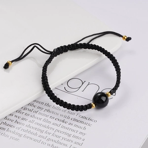Handgefertigtes schwarzes Obsidian-Webarmband mit Goldakzenten für Damen und Herren