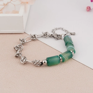 Stainless Steel Bamboo Knot Natural Stone Spliced Bracelet For Women Minimalist Vintage Green Cylinder Bead Chain Jewelry Gift