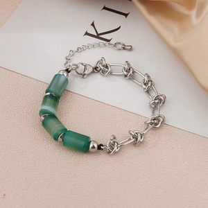 Bamboo-style green agate stone necklace with silver twisted chain and adjustable clasp