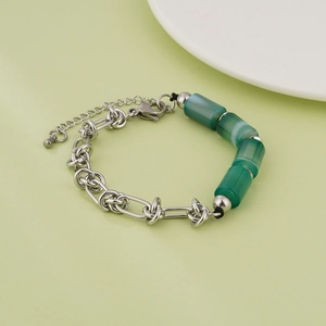 Bamboo style green jade and silver link bracelet with adjustable lobster clasp closure