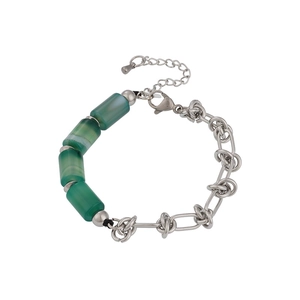 Bamboo style jade and silver chain link bracelet with adjustable extender for women