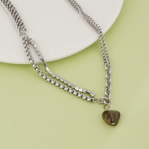 Collana multistrato vintage argento con ciondolo a cuore verde e catena cubana