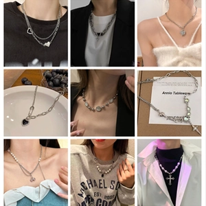 Titanium Steel Heart Star Cross Necklace For Women Men Punk Sweet Cool Artificial Pearl Natural Stone Layered Pendant Necklace Jewelry