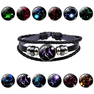 Bracelet zodiacal multicouche en cuir avec dôme en verre lumineux et perles