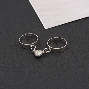 Minimalist silver adjustable magnetic couple rings with heart attachment for lovers