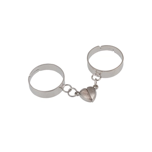Minimalist adjustable heart magnet couple ring set in silver finish with metal chain