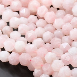 Macro shot of multifaceted rose quartz beads showing natural textures and soft pink luster
